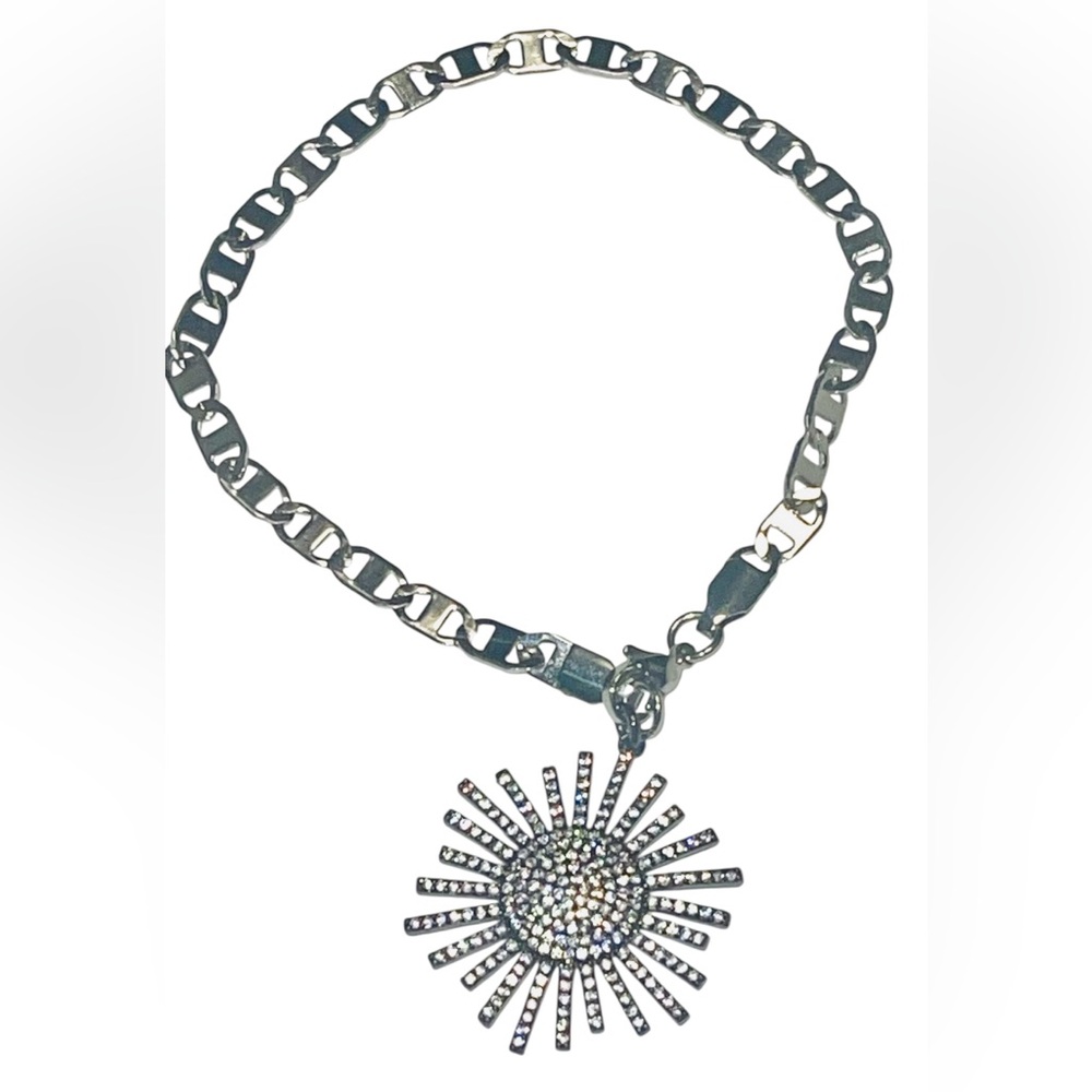 FASHION JEWELRY ANKLE BRACELET SUNBURST PENDANT STAINLESS STEEL SILVER PLATED